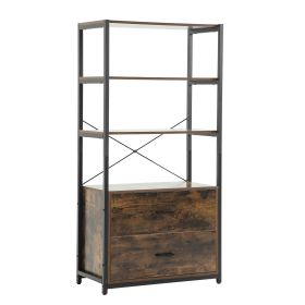 Industrial Bookcase with File Cabinet Drawers, 62.7 in Tall Bookshelf 4 Tier, Freestanding Storage Home Office Cabinet Organizer, Rustic Home Decor