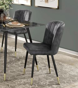 Modern Design Home Furniture Chairs Set of 2, Charcoal-hued Velvet Upholstery Channel Tufting Black Metal Legs with Gold-Finish Accent