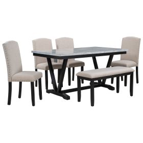 Modern Style 6-piece Dining Table with 4 Chairs & 1 Bench, Table with Marbled Veneers Tabletop and V-shaped Table Legs (White)