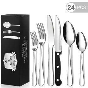 24 Piece Flatware Set for 4, TINANA Stainless Steel Flatware Set, Mirror Polished Cutlery Utensil Set, Durable Home Kitchen Eating Tableware Set