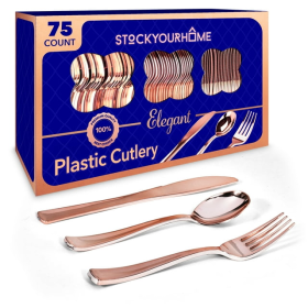 75 Pieces Heavy Duty (Rose Gold) Plastic Silverware Set, Disposable Cutlery Set, Great for Parties, Weddings, and Catering