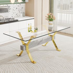 Dining table. Modern tempered glass dining table. Large modern office desk with gold plated metal legs and MDF crossbars (Color: as Pic)